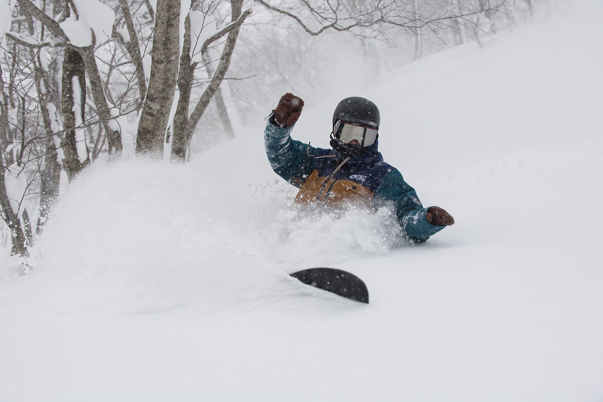 A snowboarder in helmet, goggles, shell jacket and gloves riding deep powder in a Japanese tree run.