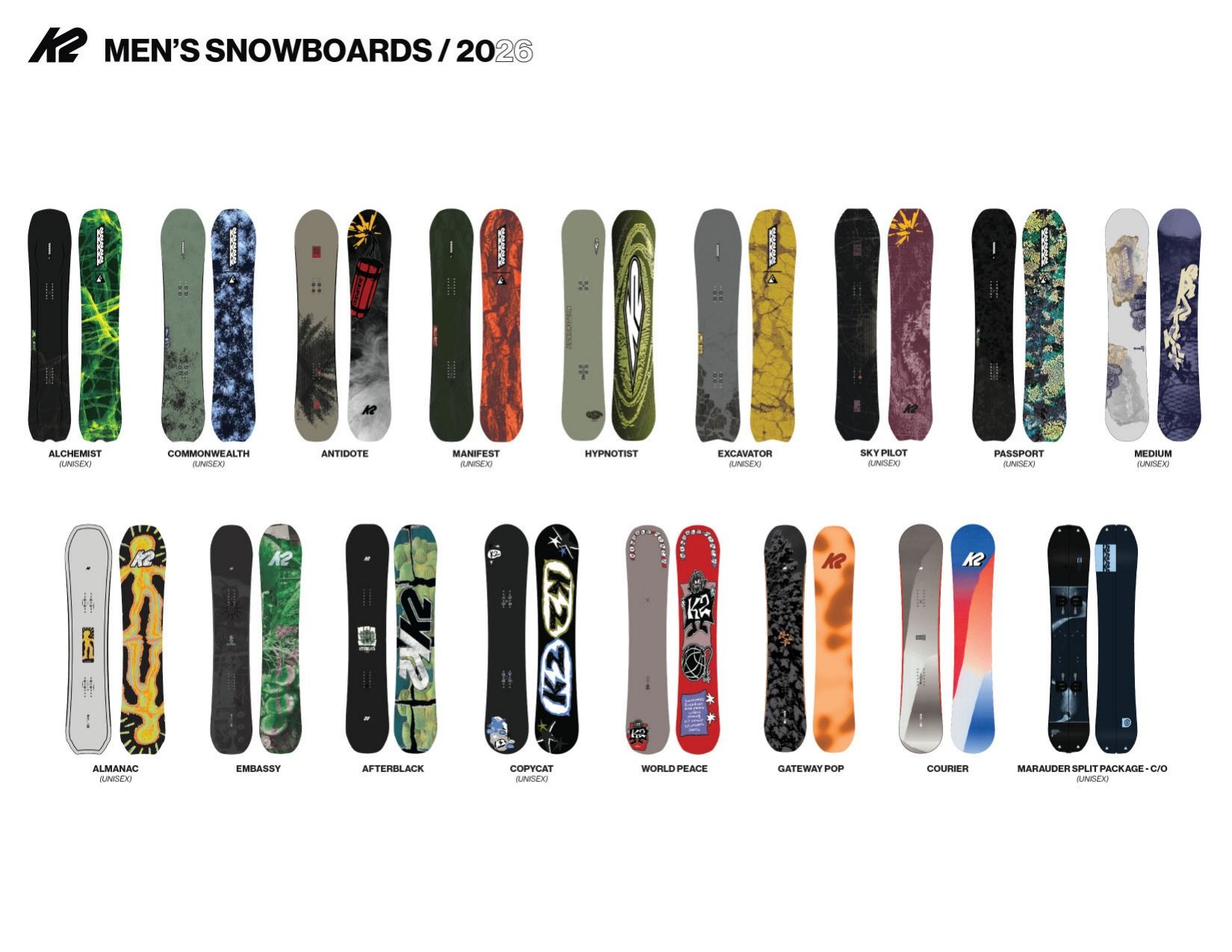 K2 2026/27 snowboard catalog lineup showing colorful board graphics