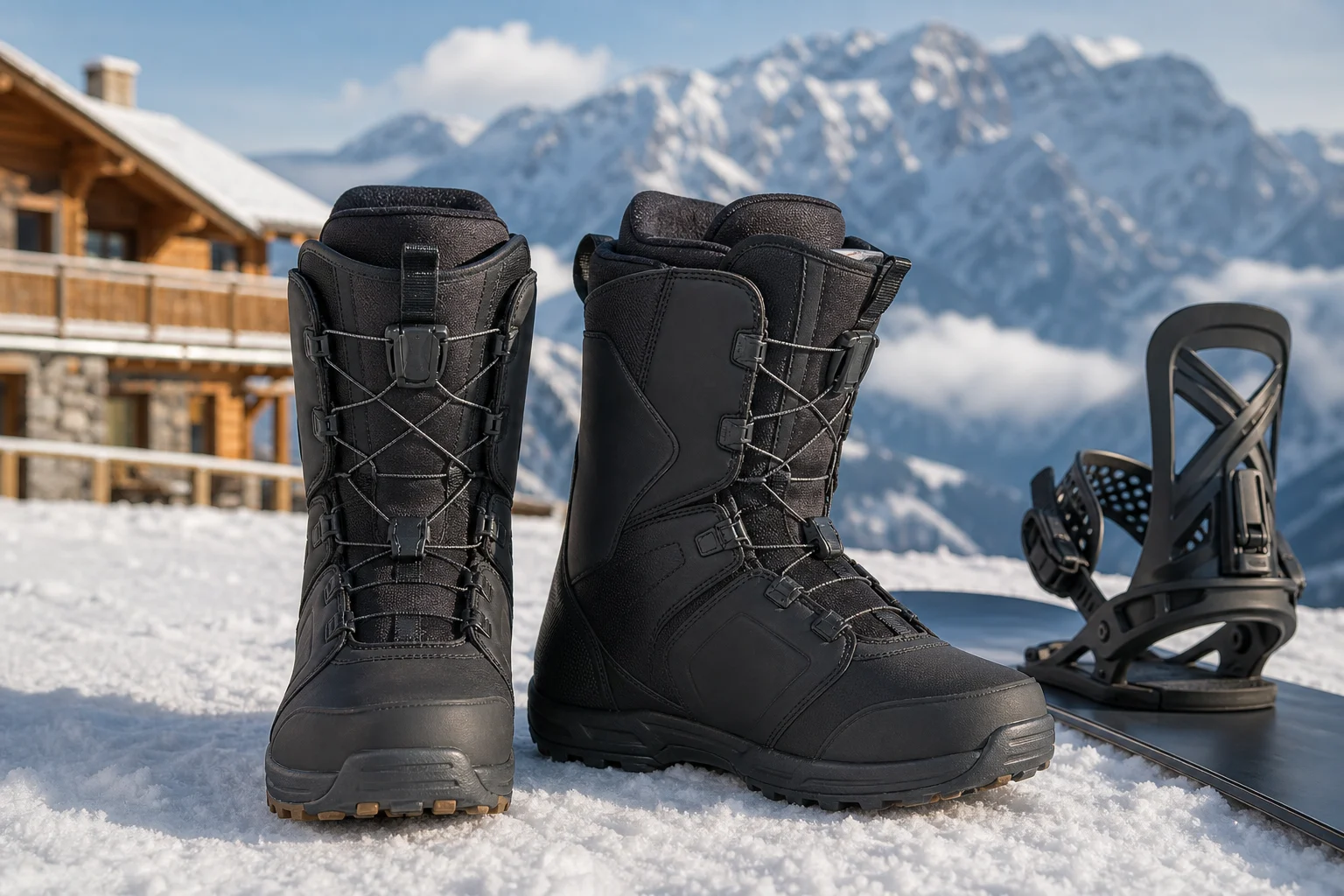 A pair of modern black soft snowboard boots beside a snowboard binding in the mountains.