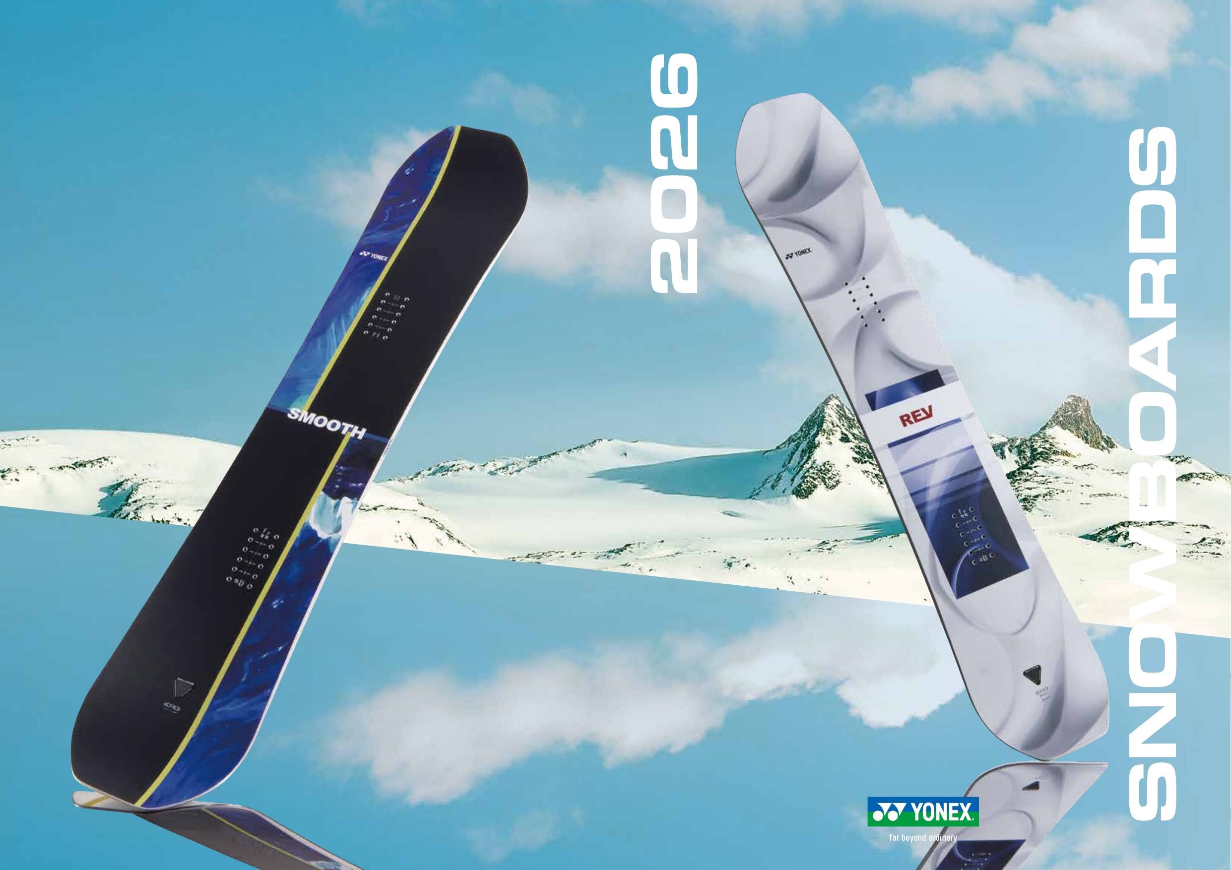 Cover of the YONEX 2026/27 snowboard catalog with boards against a blue mountain landscape